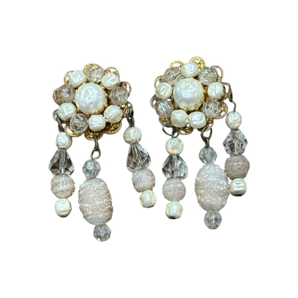Vintage Freirich Beaded Dangle Clip On Earrings Faux Pearl Crystal